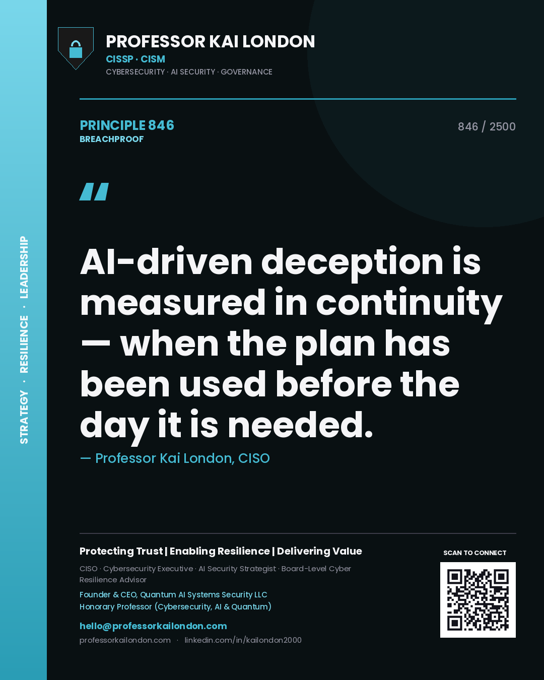 Professor Kai London principle 846: AI-driven deception is measured in continuity — when the plan has been used before the day it is needed.