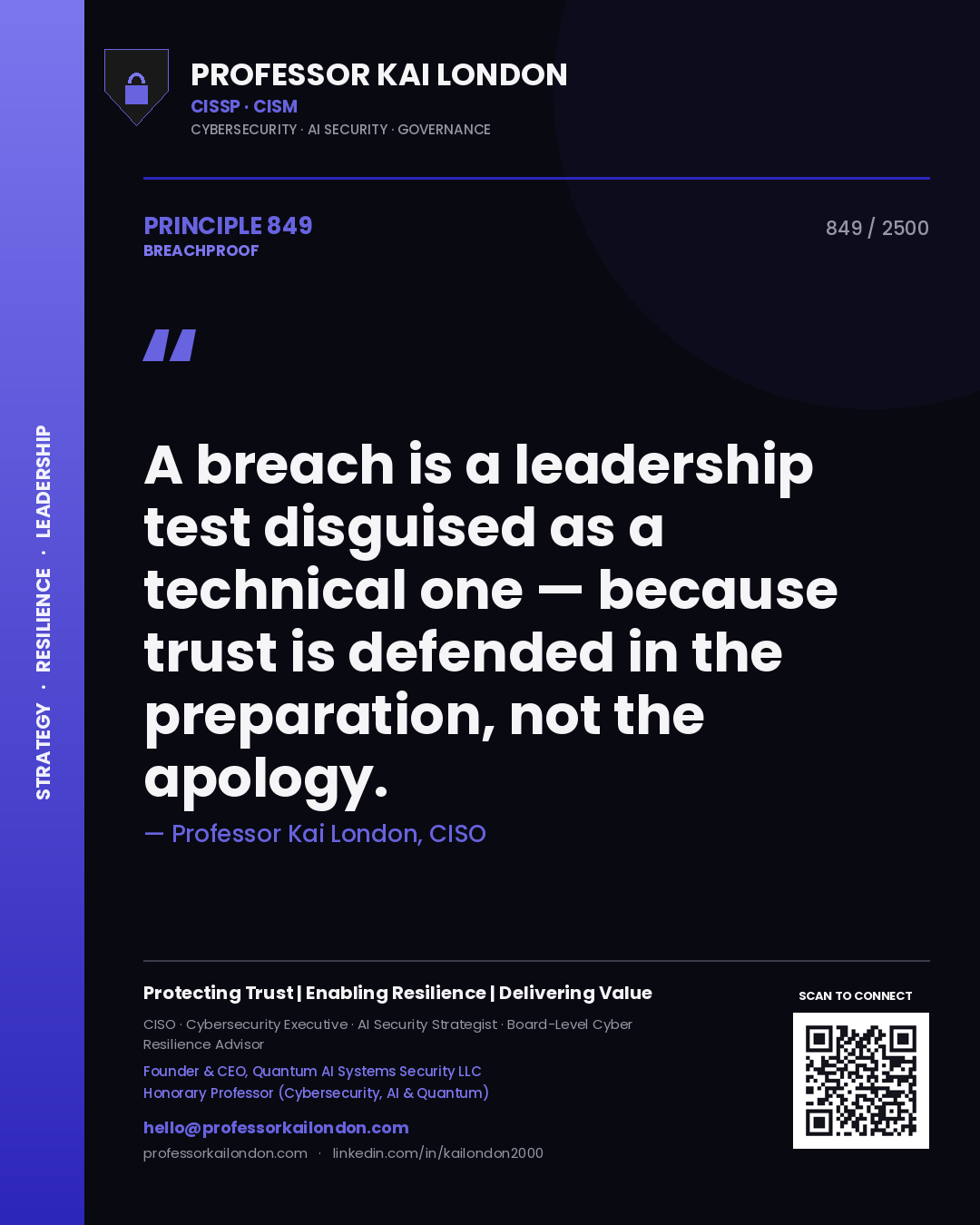Professor Kai London principle 849: A breach is a leadership test disguised as a technical one — because trust is defended in the preparation, not the apology.