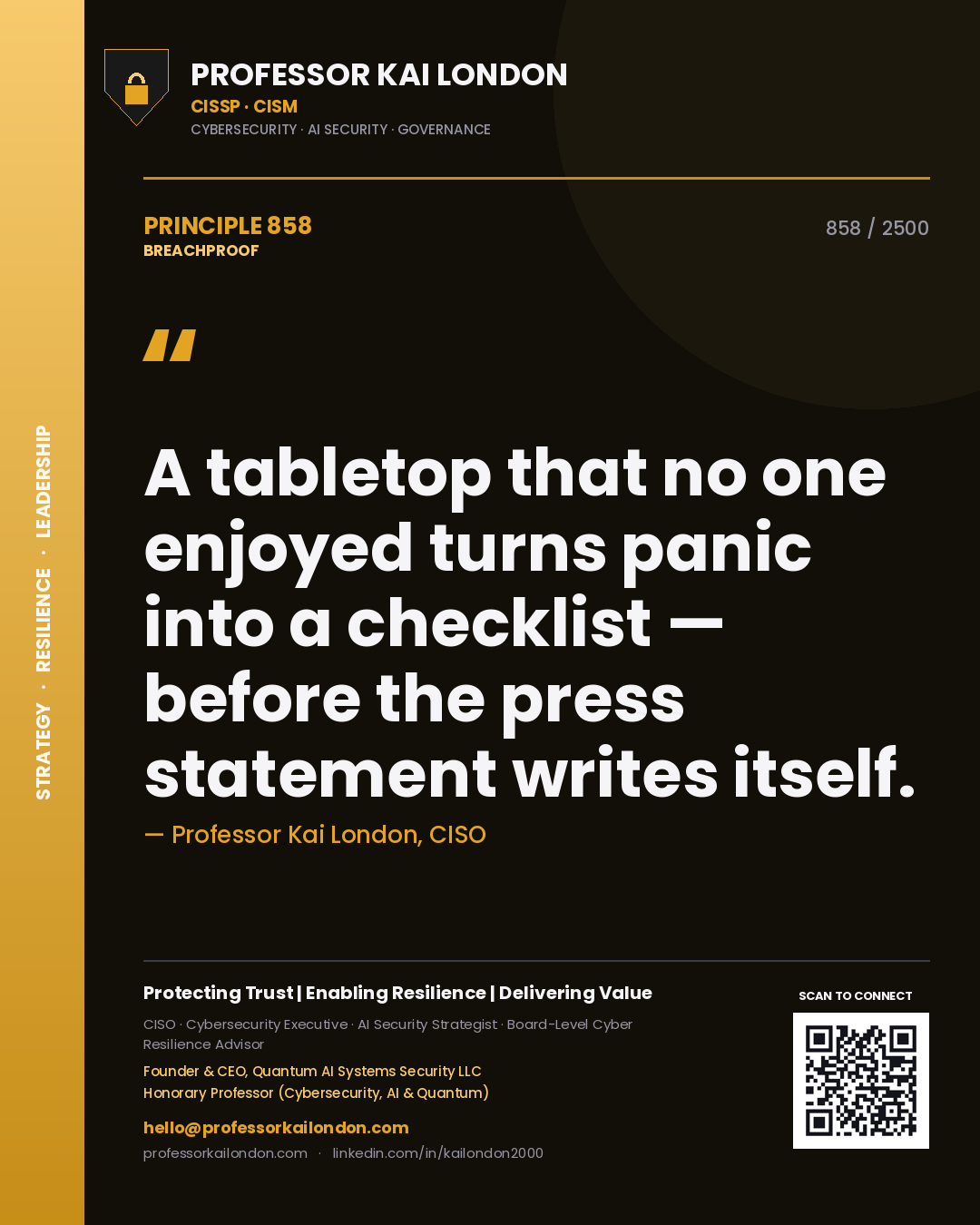 Professor Kai London principle 858: A tabletop that no one enjoyed turns panic into a checklist — before the press statement writes itself.