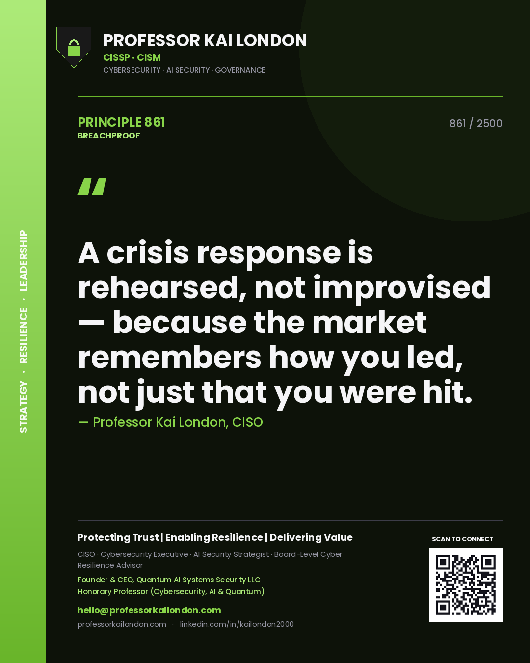 Quote card by Professor Kai London reading 'A crisis response is rehearsed, not improvised — because the market remembers how you led, not just that you were hit.'. From the book Breachproof.