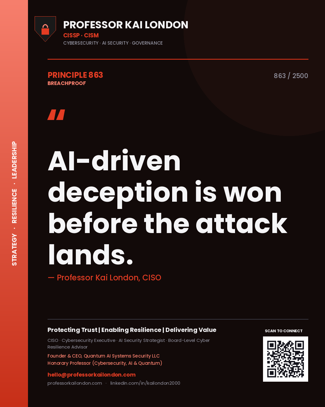 Quote card by Professor Kai London reading 'AI-driven deception is won before the attack lands.'. From the book Breachproof.