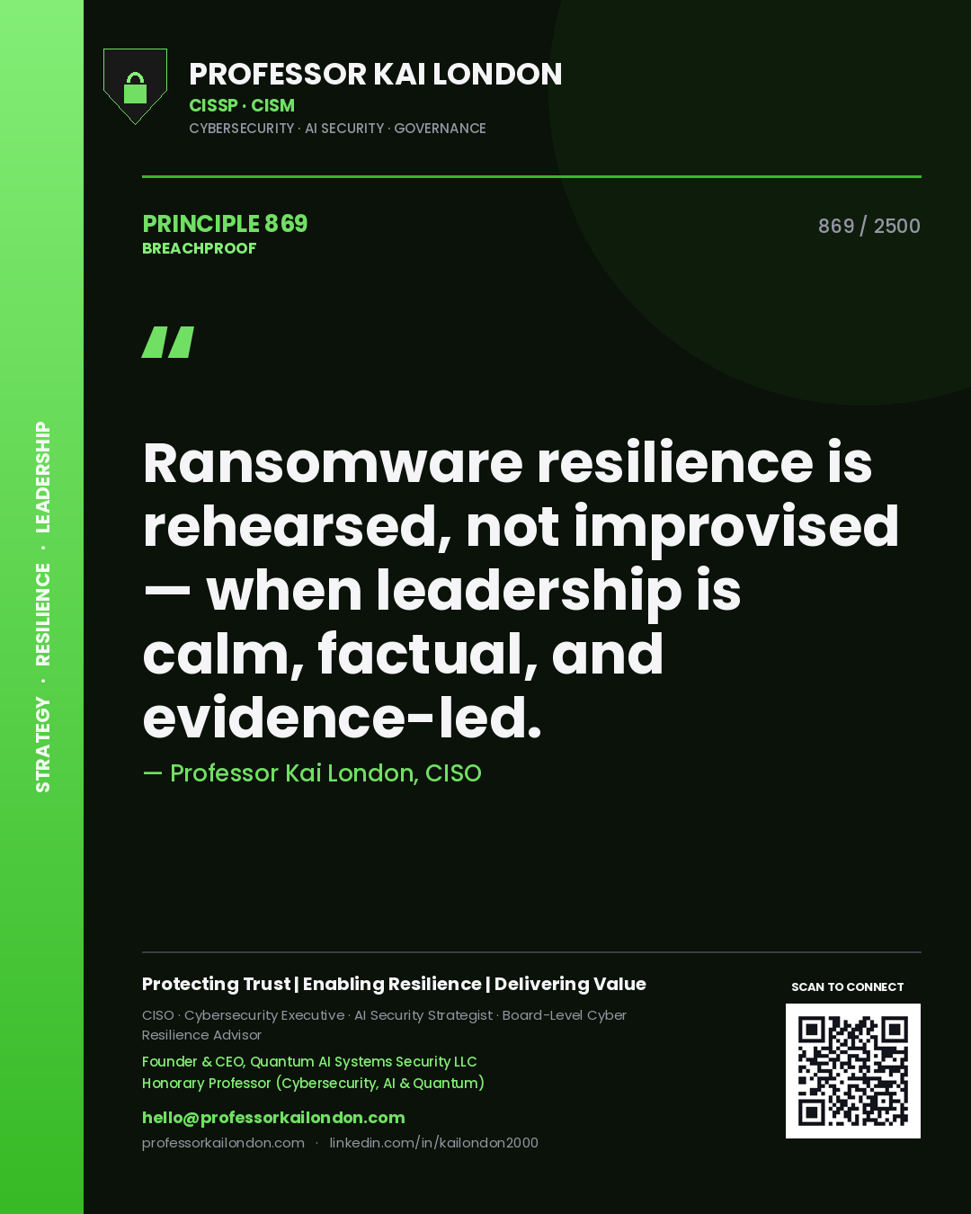 Professor Kai London principle 869: Ransomware resilience is rehearsed, not improvised — when leadership is calm, factual, and evidence-led.
