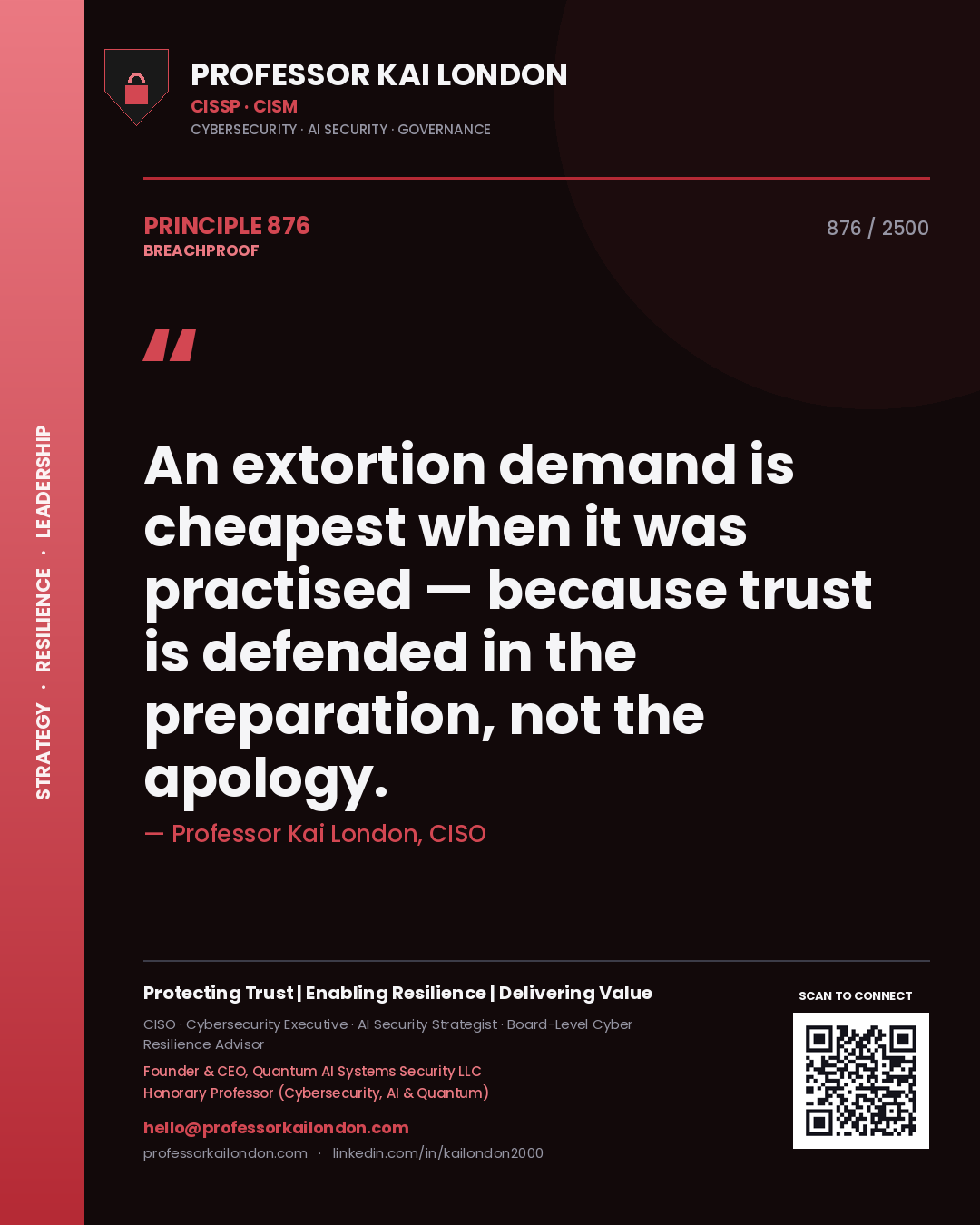 Quote card by Professor Kai London reading 'An extortion demand is cheapest when it was practised — because trust is defended in the preparation, not the apology.'. From the book Breachproof.