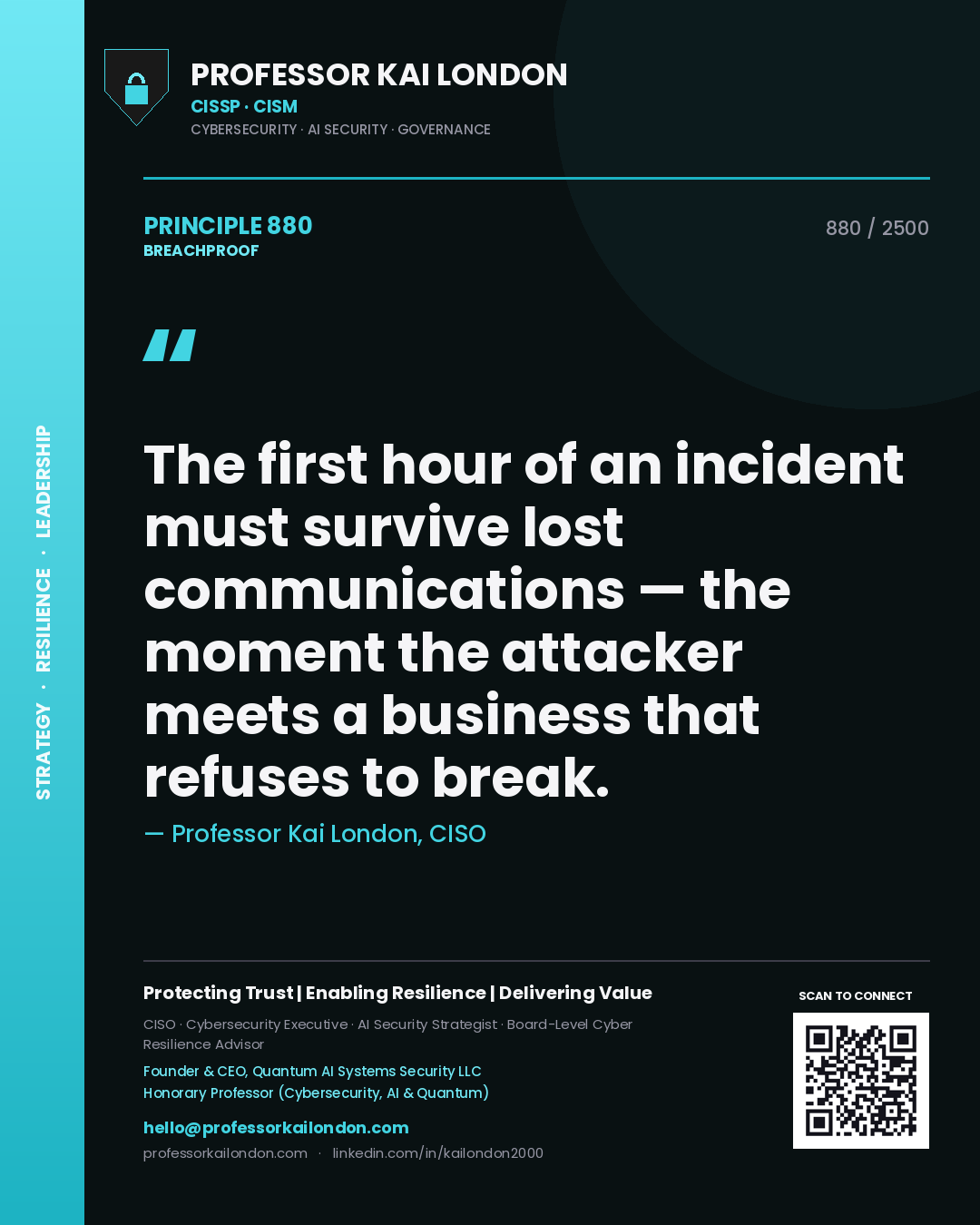 Professor Kai London principle 880: The first hour of an incident must survive lost communications — the moment the attacker meets a business that refuses to break.