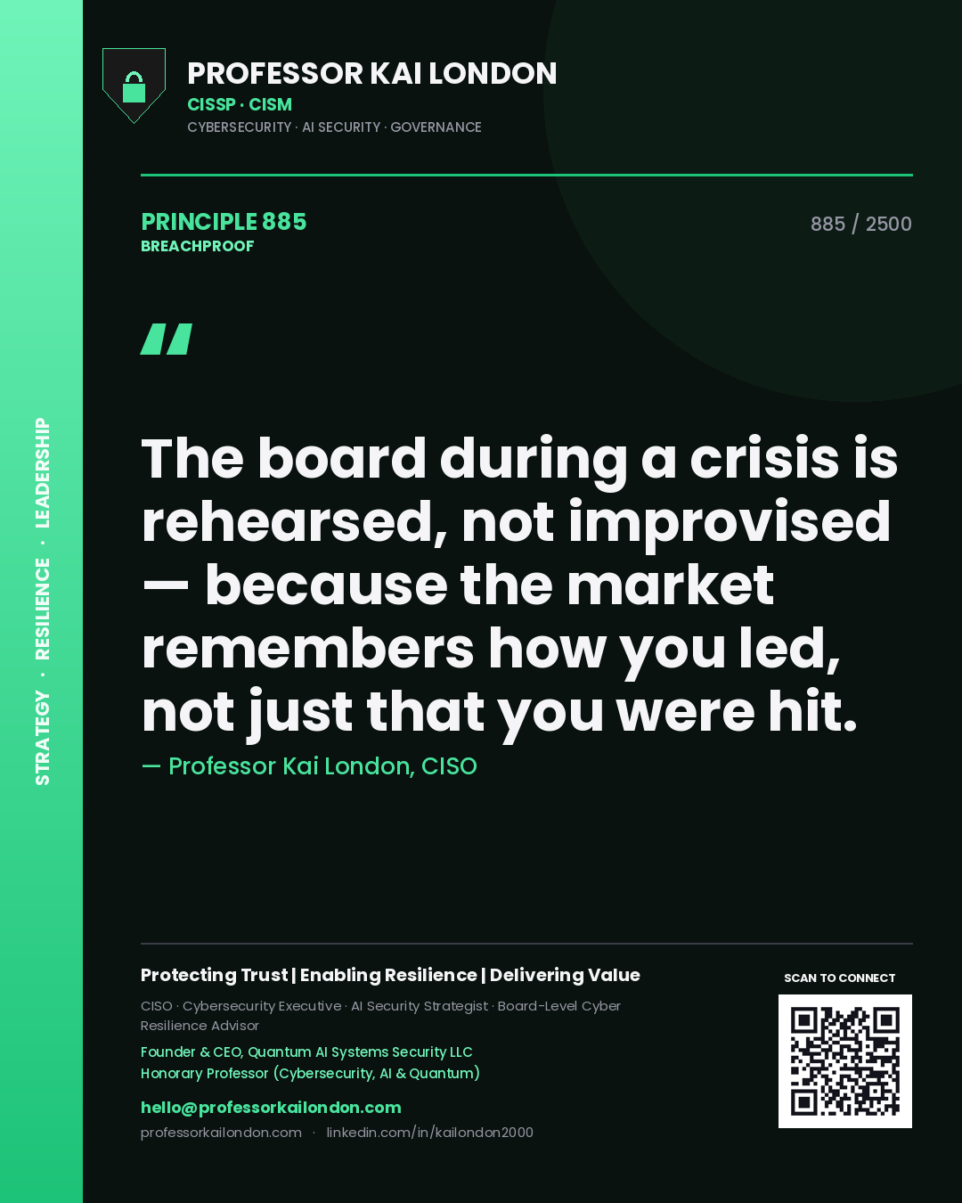 Professor Kai London principle 885: The board during a crisis is rehearsed, not improvised — because the market remembers how you led, not just that you were hit.