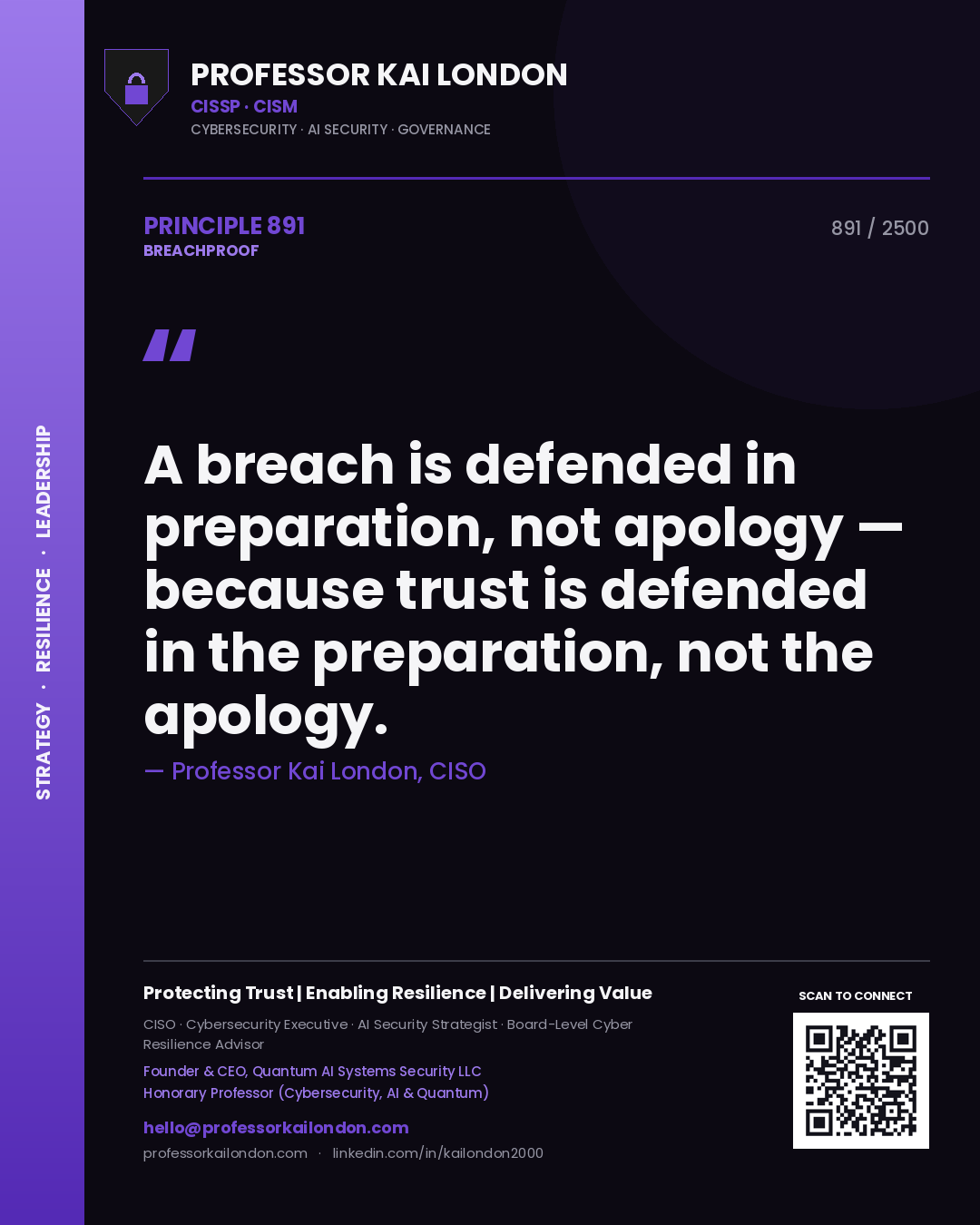 Quote card by Professor Kai London reading 'A breach is defended in preparation, not apology — because trust is defended in the preparation, not the apology.'. From the book Breachproof.