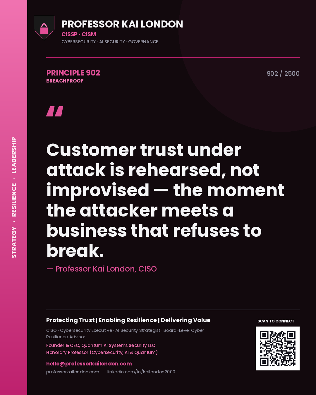 Quote card by Professor Kai London reading 'Customer trust under attack is rehearsed, not improvised — the moment the attacker meets a business that refuses to break.'. From the book Breachproof.