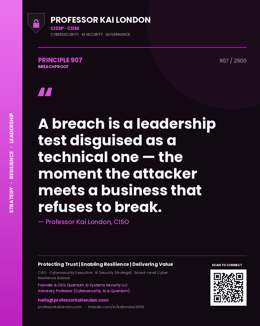 Professor Kai London principle 907: A breach is a leadership test disguised as a technical one — the moment the attacker meets a business that refuses to break.