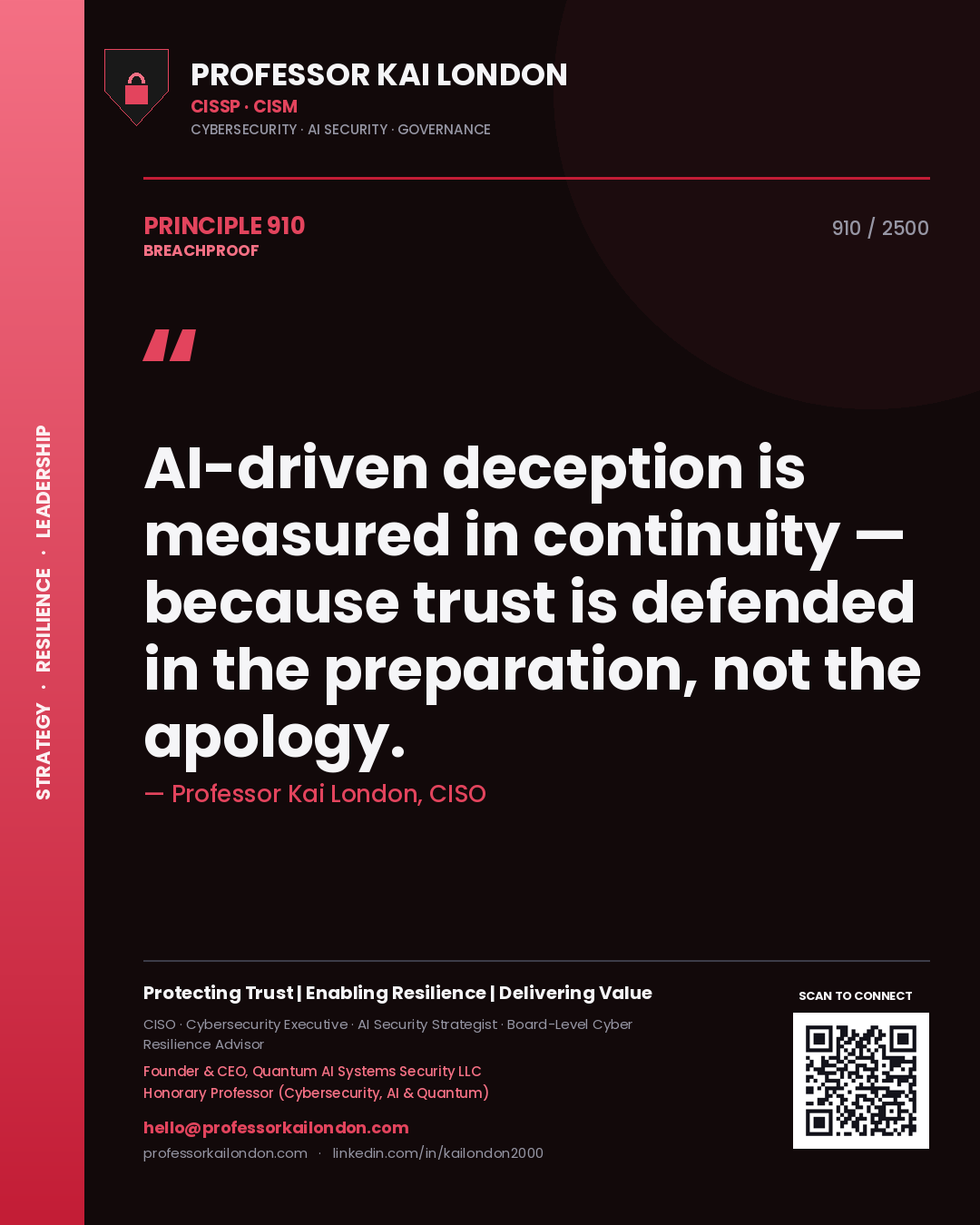 Quote card by Professor Kai London reading 'AI-driven deception is measured in continuity — because trust is defended in the preparation, not the apology.'. From the book Breachproof.