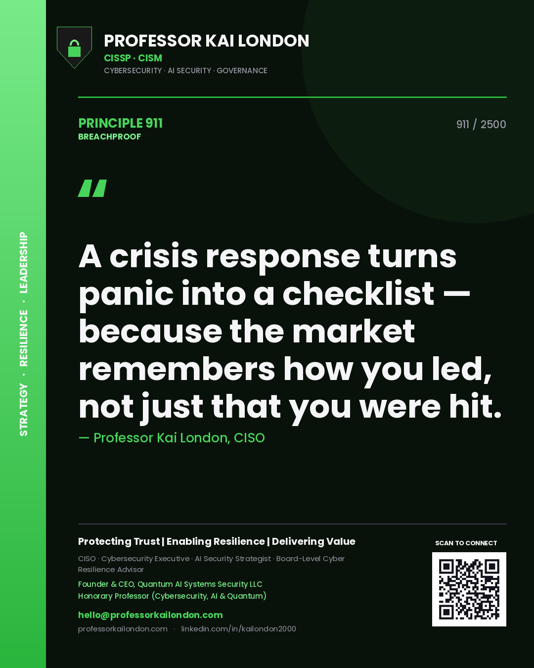 Quote card by Professor Kai London reading 'A crisis response turns panic into a checklist — because the market remembers how you led, not just that you were hit.'. From the book Breachproof.