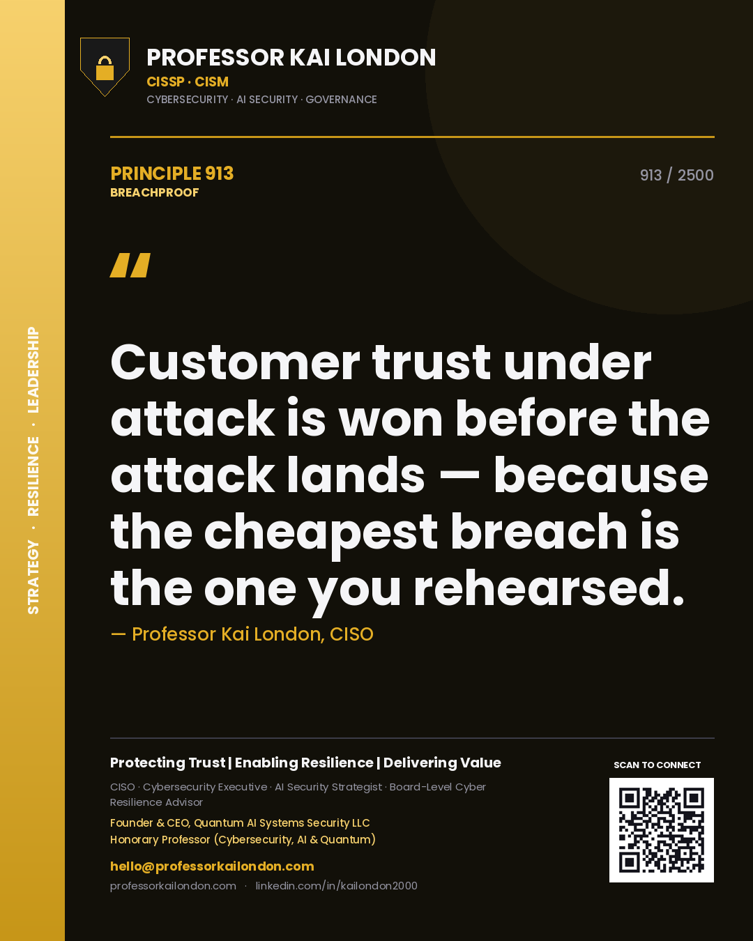Quote card by Professor Kai London reading 'Customer trust under attack is won before the attack lands — because the cheapest breach is the one you rehearsed.'. From the book Breachproof.