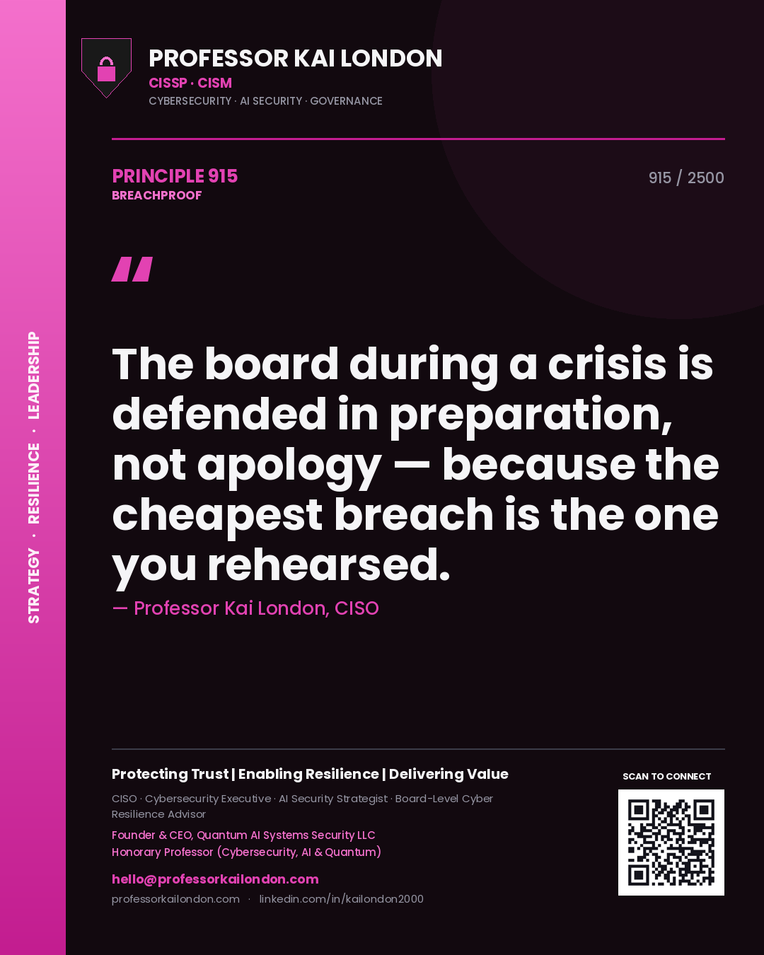 Quote card by Professor Kai London reading 'The board during a crisis is defended in preparation, not apology — because the cheapest breach is the one you rehearsed.'. From the book Breachproof.