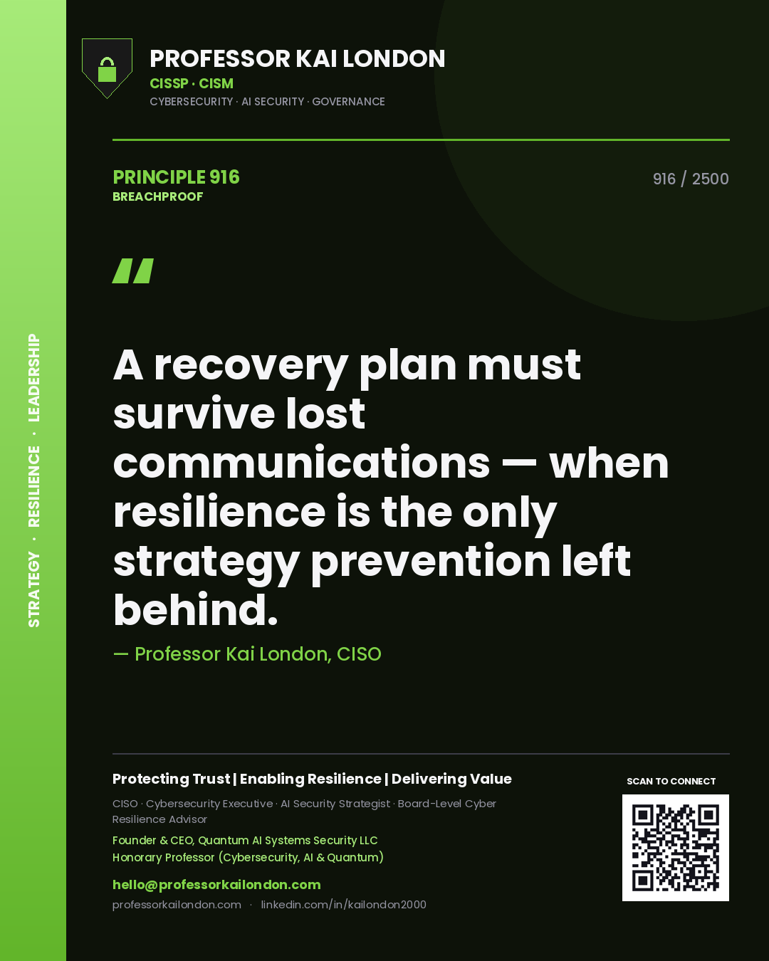 Quote card by Professor Kai London reading 'A recovery plan must survive lost communications — when resilience is the only strategy prevention left behind.'. From the book Breachproof.