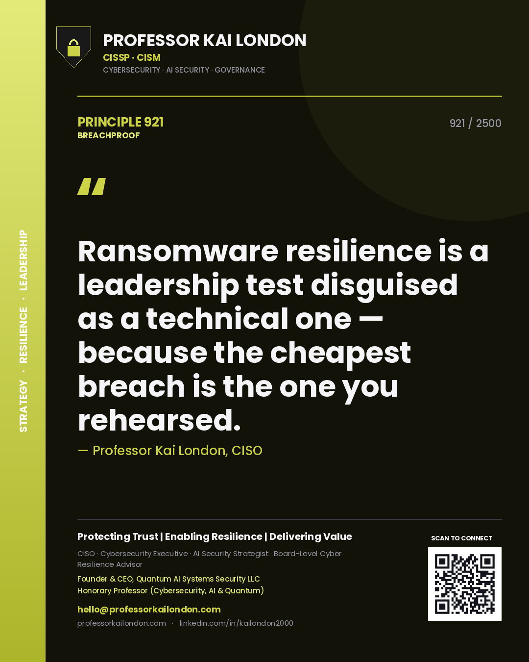 Quote card by Professor Kai London reading 'Ransomware resilience is a leadership test disguised as a technical one — because the cheapest breach is the one you rehearsed.'. From the book Breachproof.