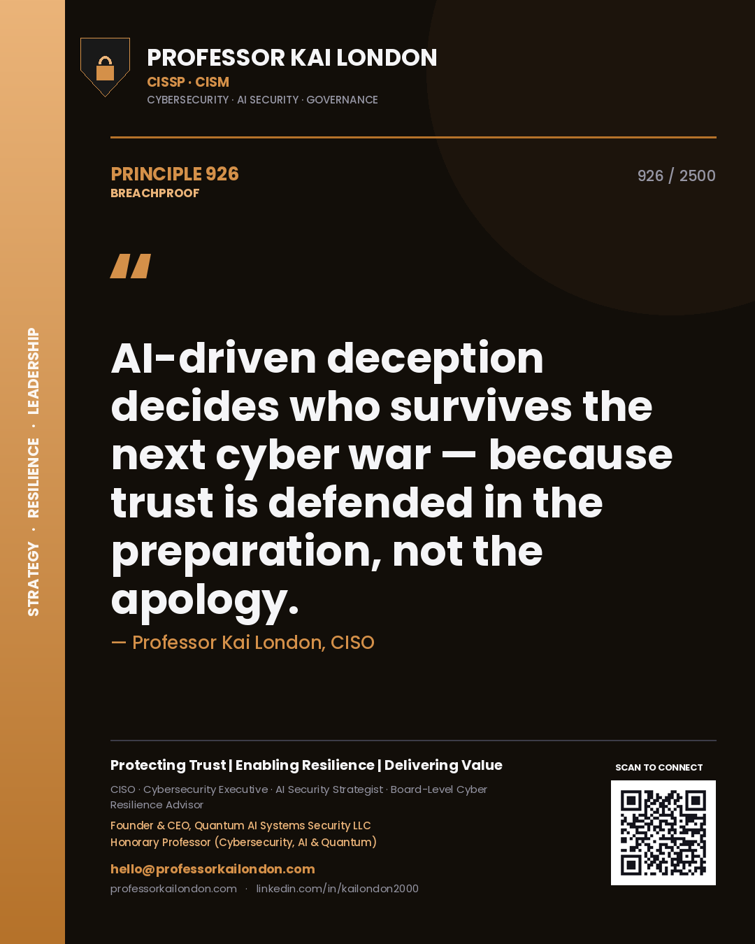 Quote card by Professor Kai London reading 'AI-driven deception decides who survives the next cyber war — because trust is defended in the preparation, not the apology.'. From the book Breachproof.