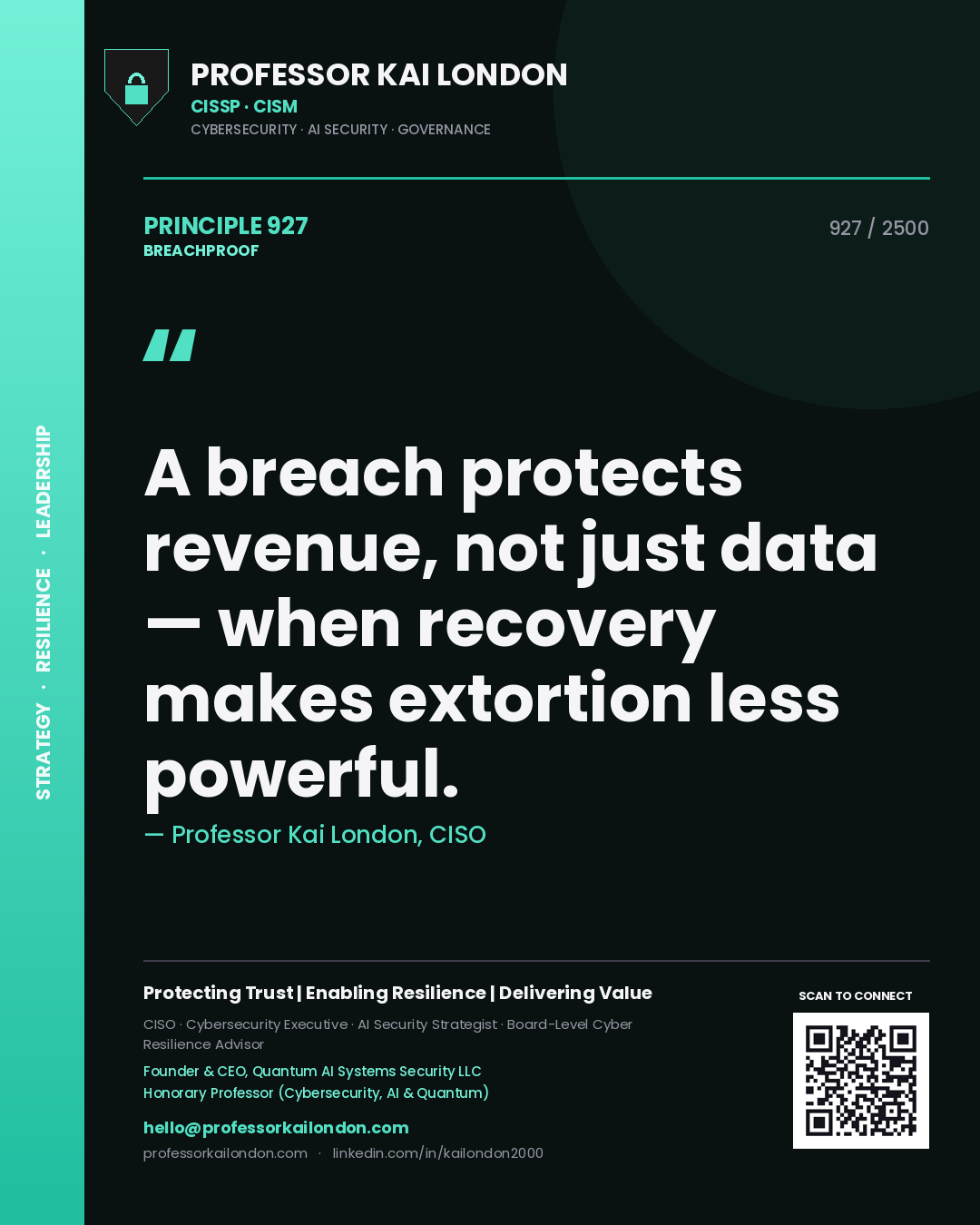 Quote card by Professor Kai London reading 'A breach protects revenue, not just data — when recovery makes extortion less powerful.'. From the book Breachproof.