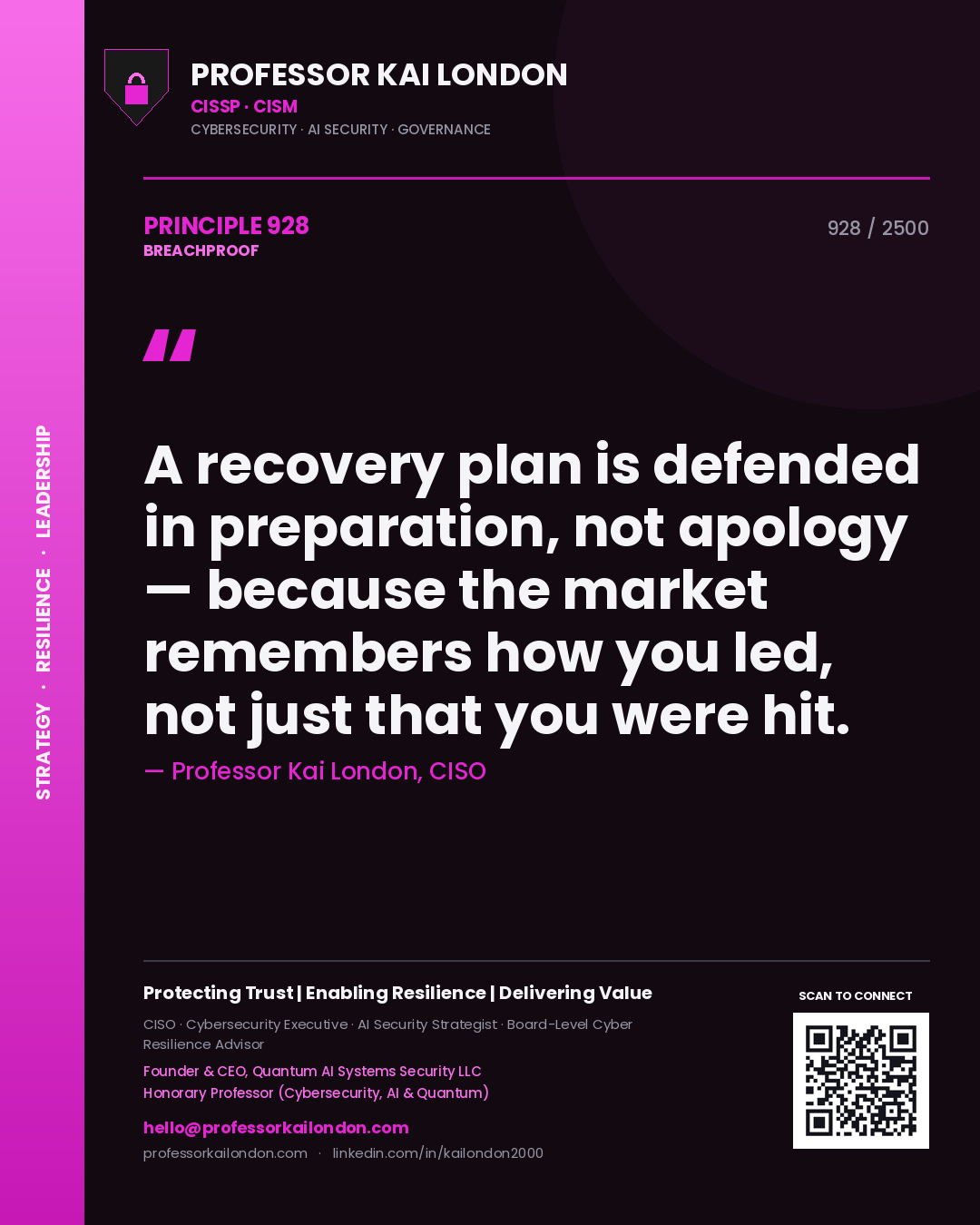 Quote card by Professor Kai London reading 'A recovery plan is defended in preparation, not apology — because the market remembers how you led, not just that you were hit.'. From the book Breachproof.