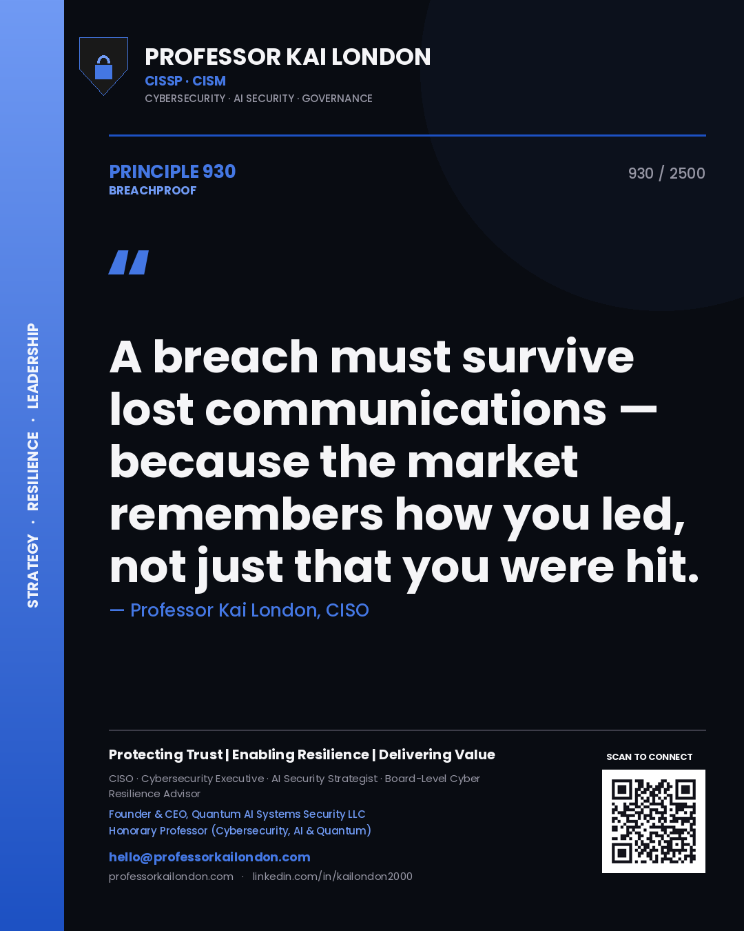 Quote card by Professor Kai London reading 'A breach must survive lost communications — because the market remembers how you led, not just that you were hit.'. From the book Breachproof.