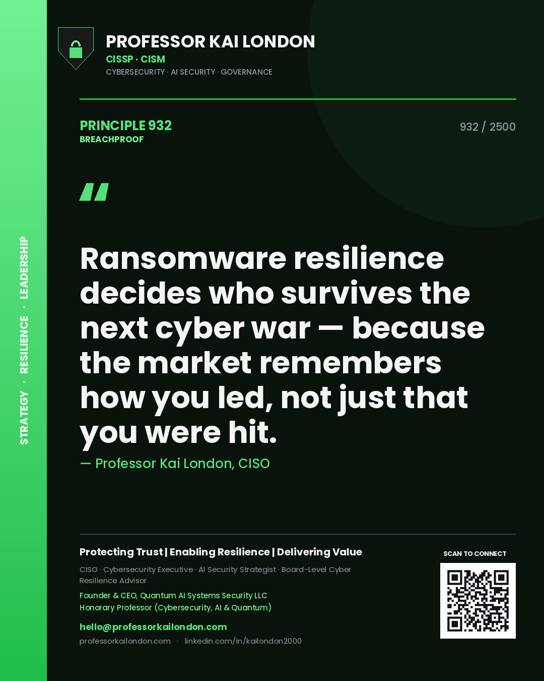 Quote card by Professor Kai London reading 'Ransomware resilience decides who survives the next cyber war — because the market remembers how you led, not just that you were hit.'. From the book Breachproof.