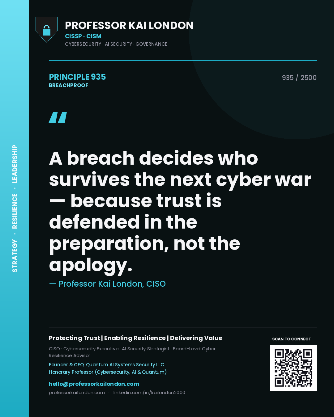 Quote card by Professor Kai London reading 'A breach decides who survives the next cyber war — because trust is defended in the preparation, not the apology.'. From the book Breachproof.