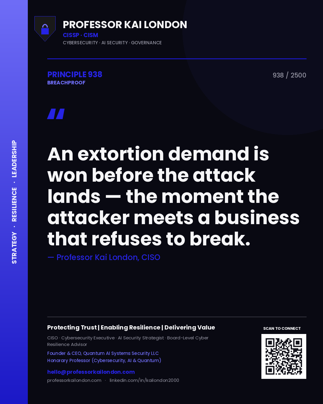 Quote card by Professor Kai London reading 'An extortion demand is won before the attack lands — the moment the attacker meets a business that refuses to break.'. From the book Breachproof.