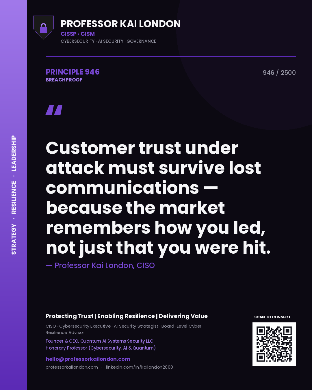 Quote card by Professor Kai London reading 'Customer trust under attack must survive lost communications — because the market remembers how you led, not just that you were hit.'. From the book Breachproof.