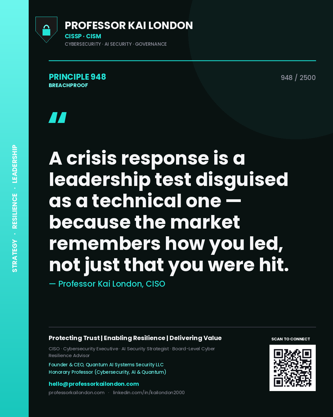 Quote card by Professor Kai London reading 'A crisis response is a leadership test disguised as a technical one — because the market remembers how you led, not just that you were hit.'. From the book Breachproof.