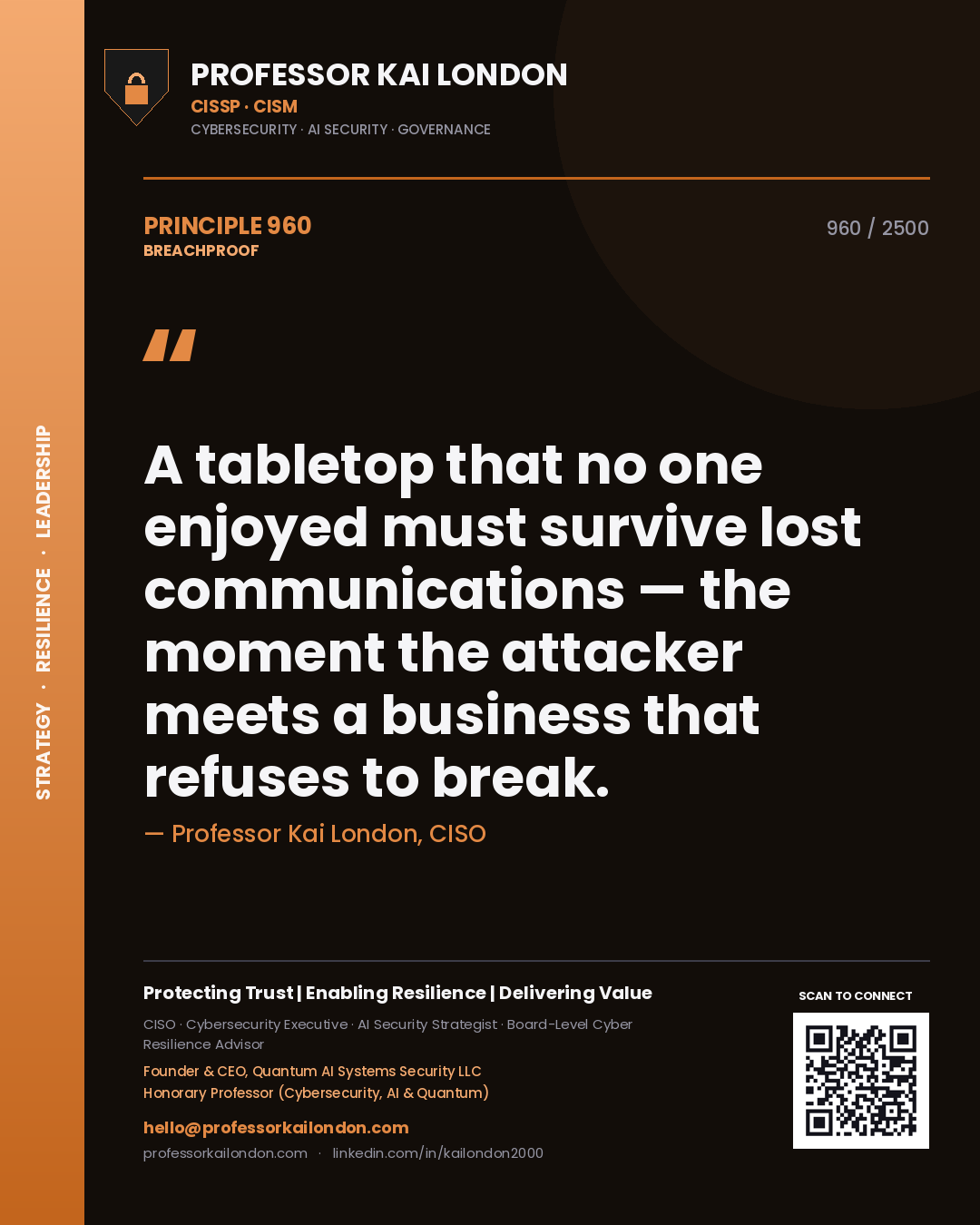 Quote card by Professor Kai London reading 'A tabletop that no one enjoyed must survive lost communications — the moment the attacker meets a business that refuses to break.'. From the book Breachproof.