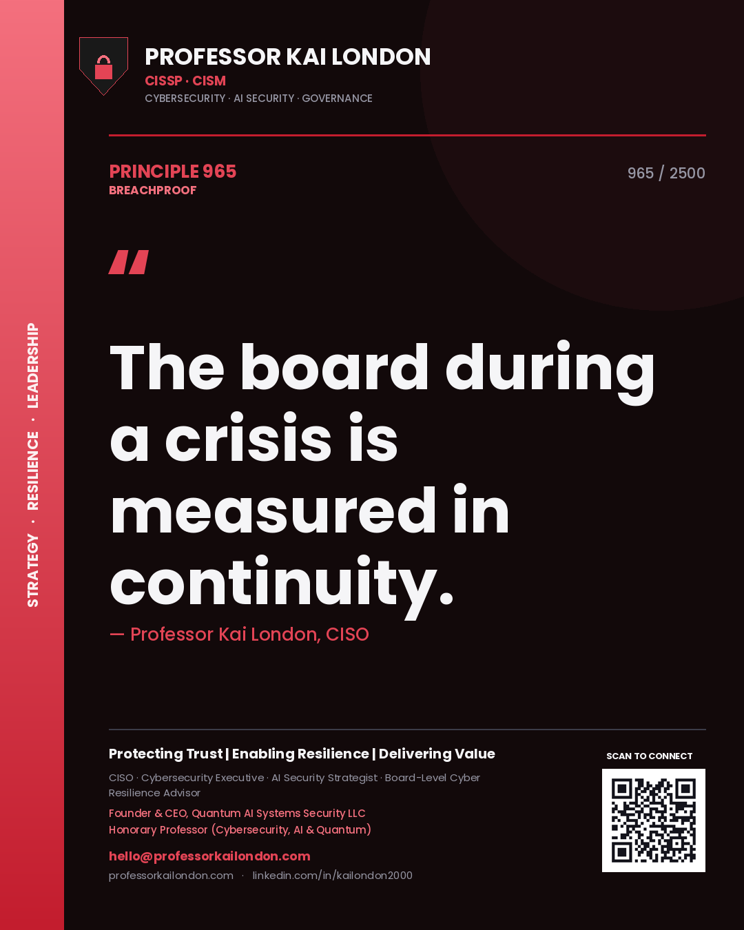 Quote card by Professor Kai London reading 'The board during a crisis is measured in continuity.'. From the book Breachproof.