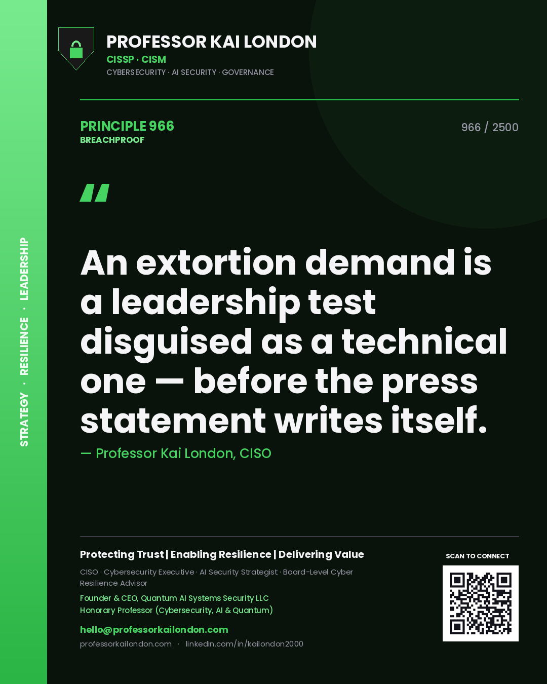 Quote card by Professor Kai London reading 'An extortion demand is a leadership test disguised as a technical one — before the press statement writes itself.'. From the book Breachproof.
