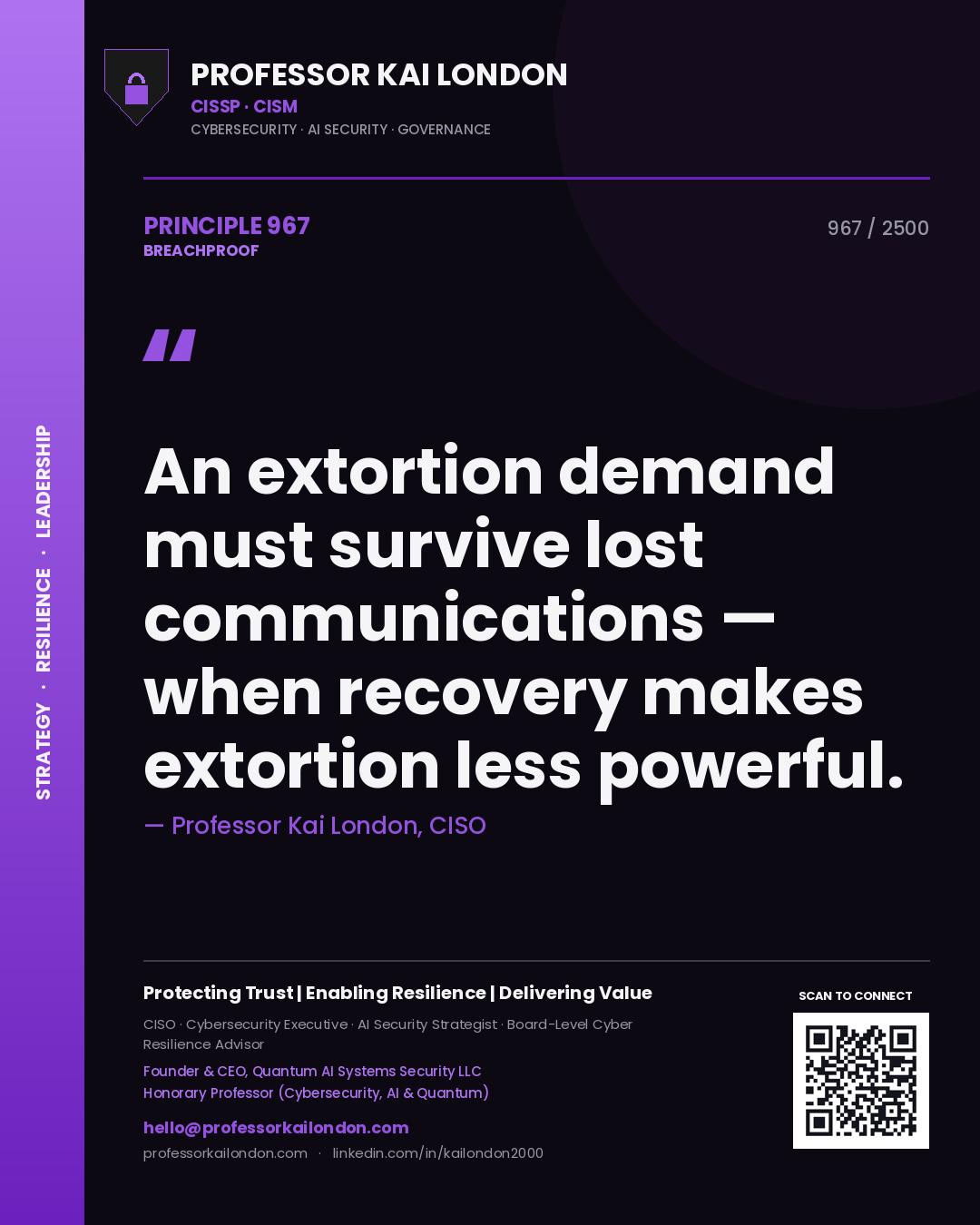 Quote card by Professor Kai London reading 'An extortion demand must survive lost communications — when recovery makes extortion less powerful.'. From the book Breachproof.