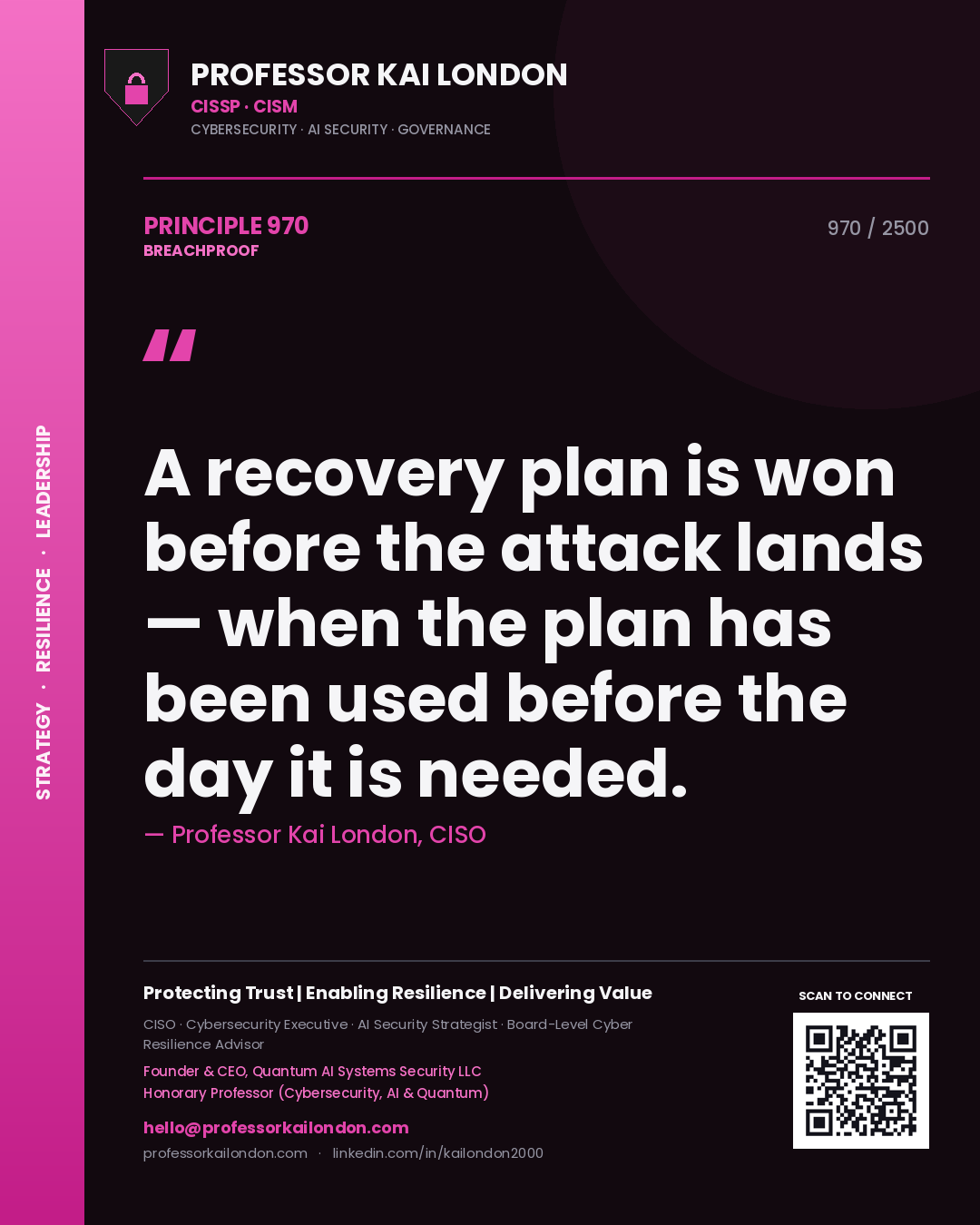Quote card by Professor Kai London reading 'A recovery plan is won before the attack lands — when the plan has been used before the day it is needed.'. From the book Breachproof.