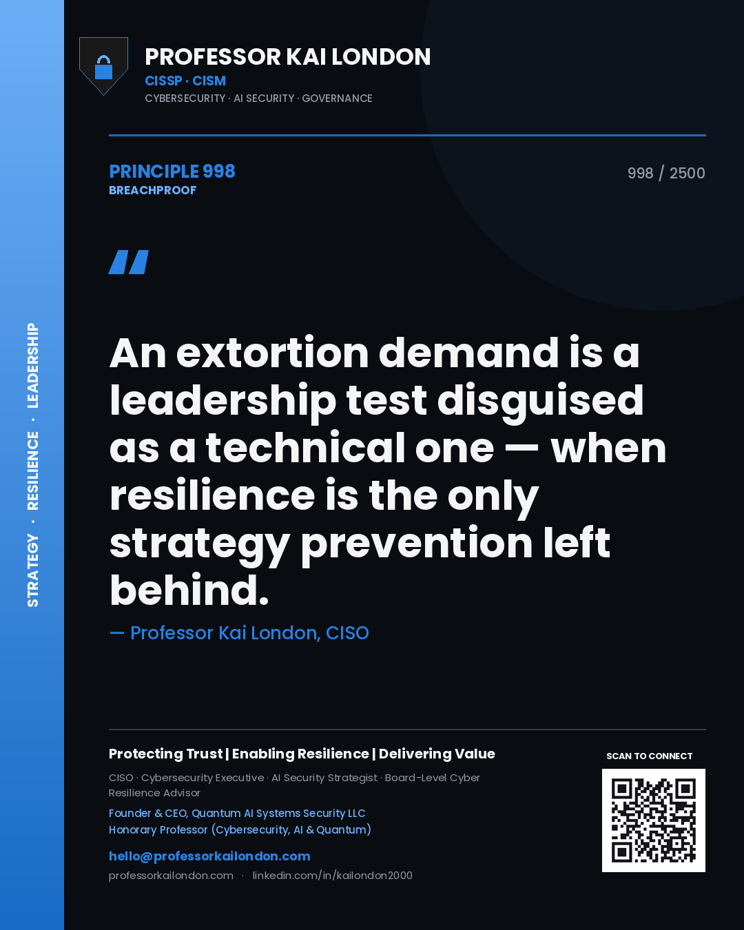 Quote card by Professor Kai London reading 'An extortion demand is a leadership test disguised as a technical one — when resilience is the only strategy prevention left behind.'. From the book Breachproof.
