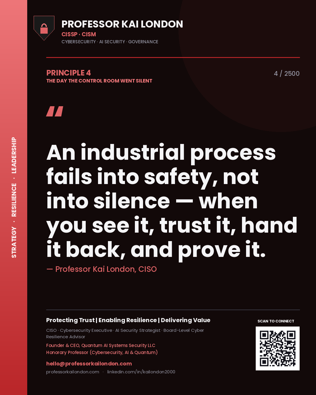 Professor Kai London principle 4: An industrial process fails into safety, not into silence — when you see it, trust it, hand it back, and prove it.