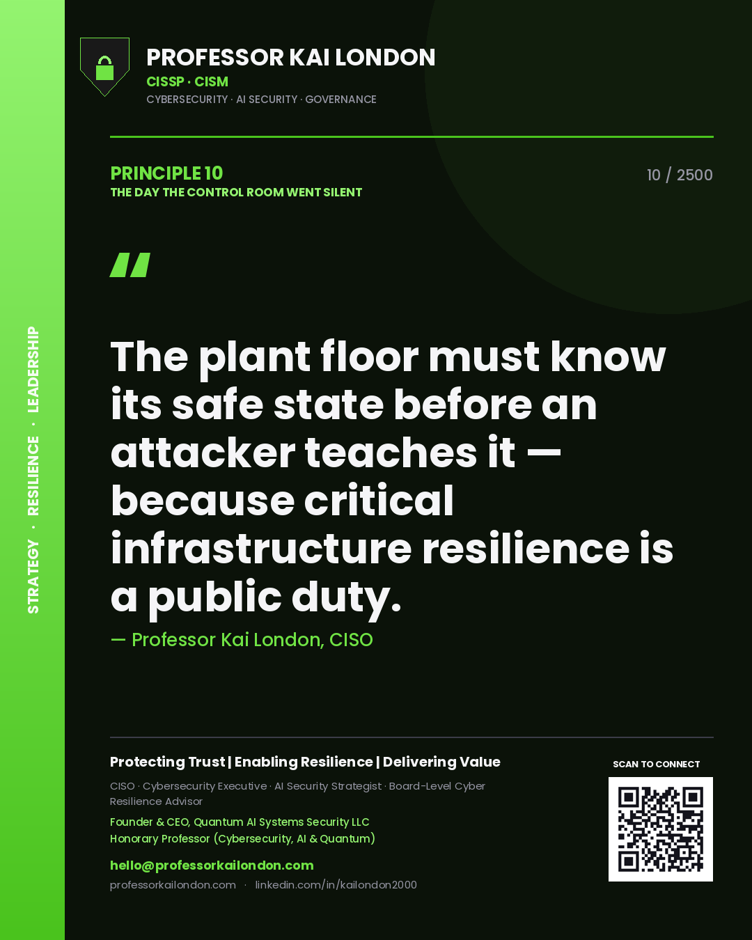 Professor Kai London principle 10: The plant floor must know its safe state before an attacker teaches it — because critical infrastructure resilience is a public duty.
