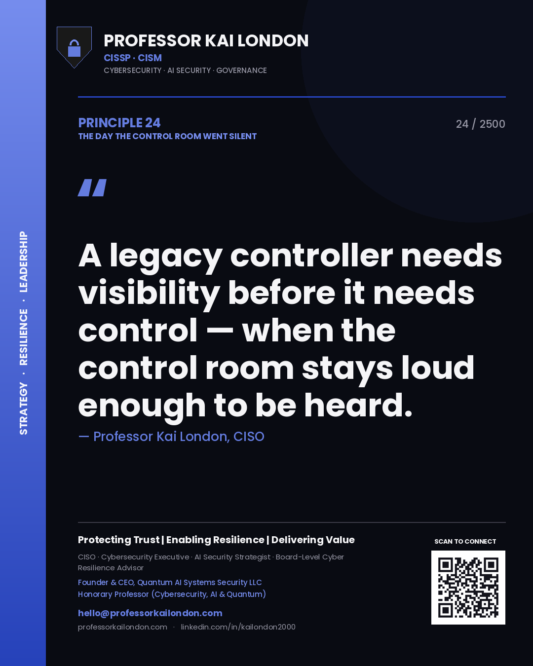Professor Kai London principle 24: A legacy controller needs visibility before it needs control — when the control room stays loud enough to be heard.