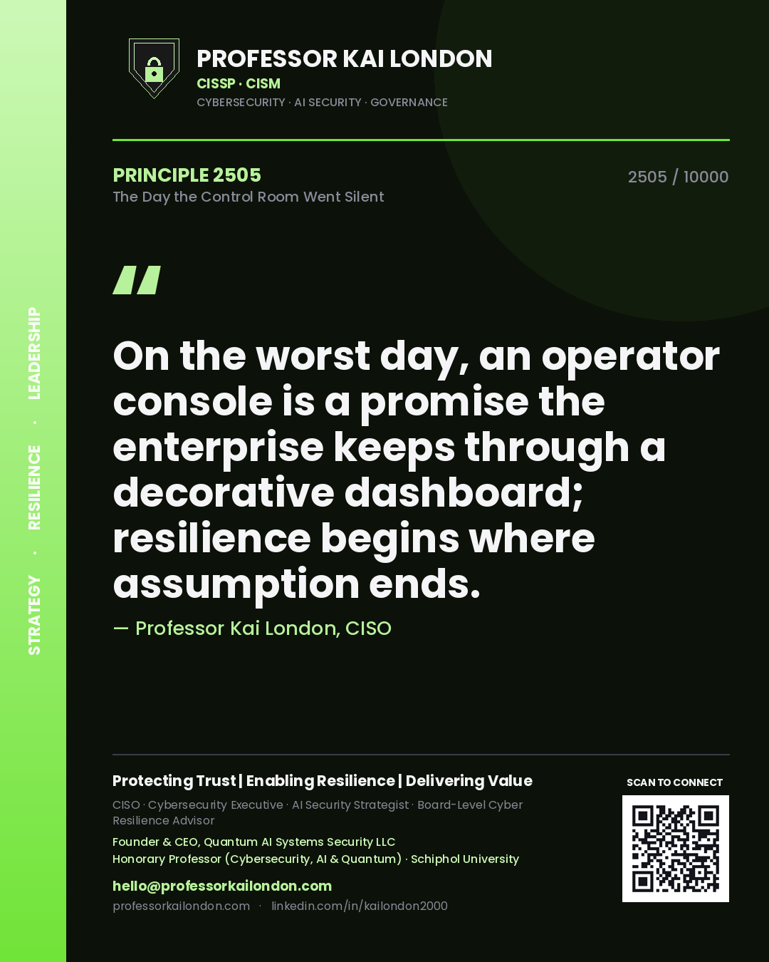 Professor Kai London principle 2505: On the worst day, an operator console is a promise the enterprise keeps through a decorative dashboard; resilience begins where assumption ends.