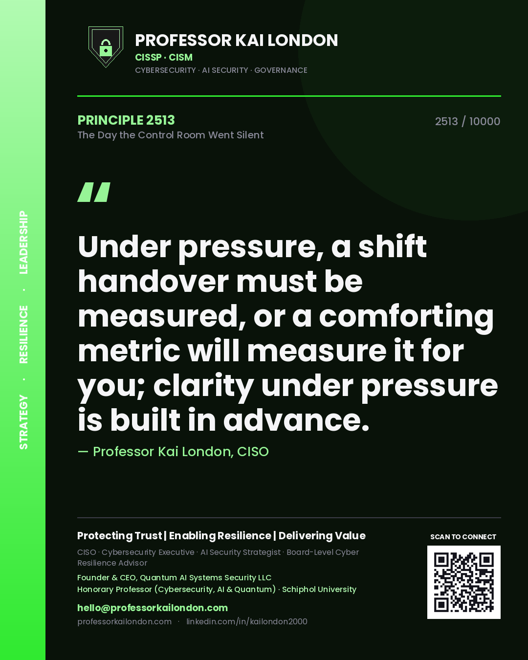 Professor Kai London principle 2513: Under pressure, a shift handover must be measured, or a comforting metric will measure it for you; clarity under pressure is built in advance.