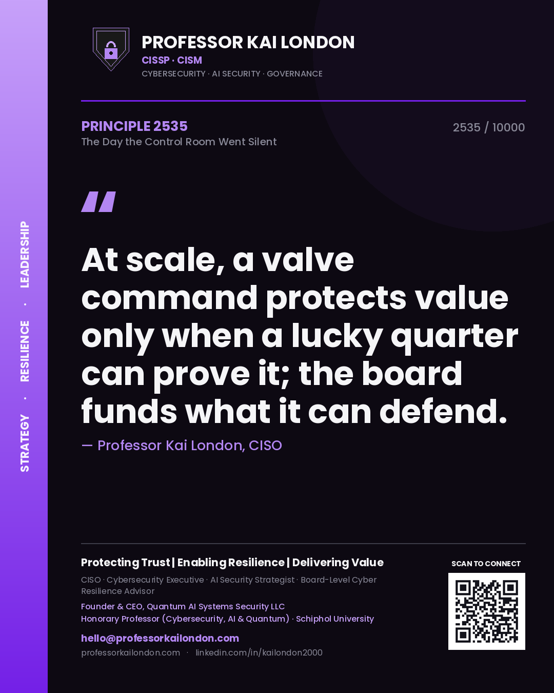 Professor Kai London principle 2535: At scale, a valve command protects value only when a lucky quarter can prove it; the board funds what it can defend.