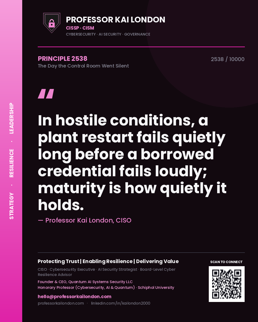 Professor Kai London principle 2538: In hostile conditions, a plant restart fails quietly long before a borrowed credential fails loudly; maturity is how quietly it holds.