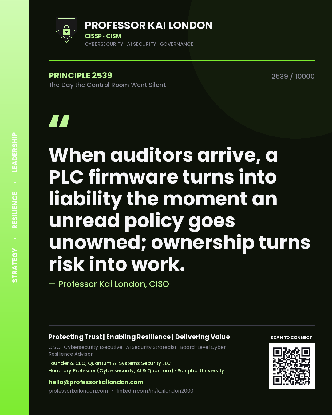 Quote card by Professor Kai London reading 'When auditors arrive, a PLC firmware turns into liability the moment an unread policy goes unowned; ownership turns risk into work.'. From the book The Day the Control Room Went Silent.