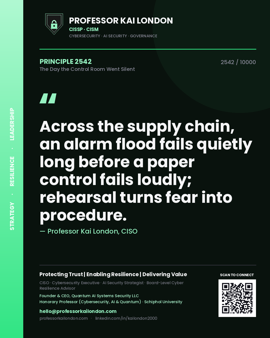 Professor Kai London principle 2542: Across the supply chain, an alarm flood fails quietly long before a paper control fails loudly; rehearsal turns fear into procedure.