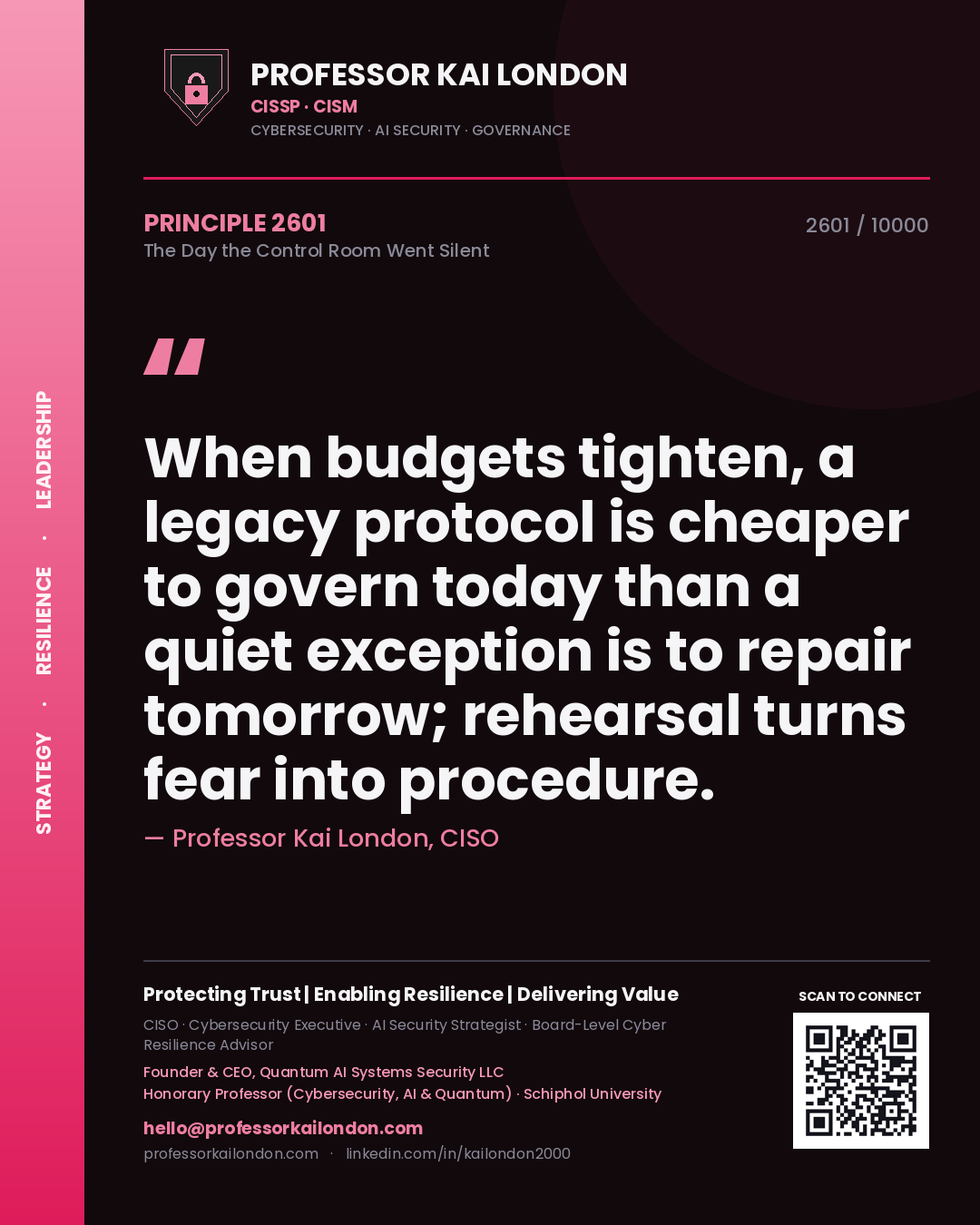 Professor Kai London principle 2601: When budgets tighten, a legacy protocol is cheaper to govern today than a quiet exception is to repair tomorrow; rehearsal turns fear into procedure.