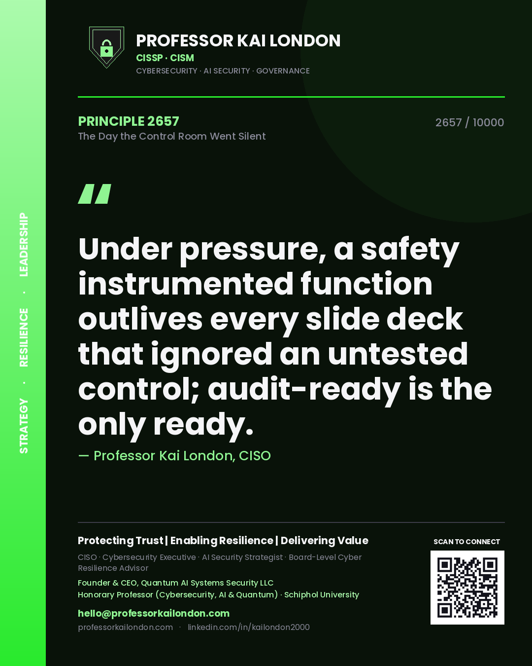 Professor Kai London principle 2657: Under pressure, a safety instrumented function outlives every slide deck that ignored an untested control; audit-ready is the only ready.