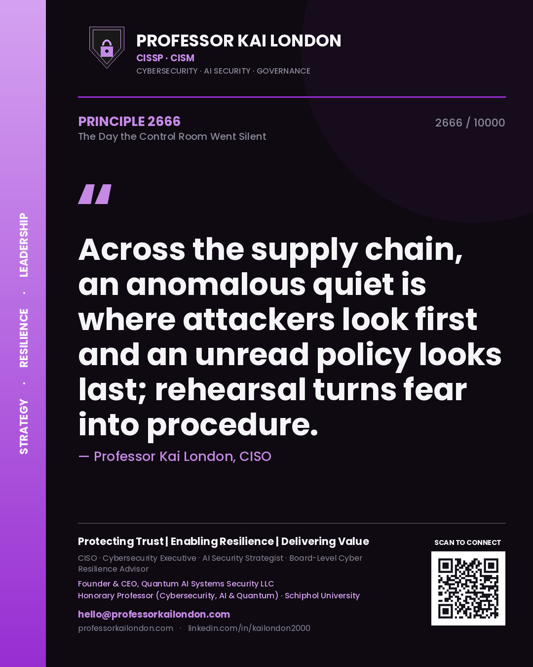Professor Kai London principle 2666: Across the supply chain, an anomalous quiet is where attackers look first and an unread policy looks last; rehearsal turns fear into procedure.