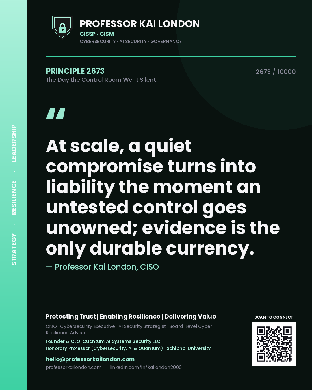 Professor Kai London principle 2673: At scale, a quiet compromise turns into liability the moment an untested control goes unowned; evidence is the only durable currency.
