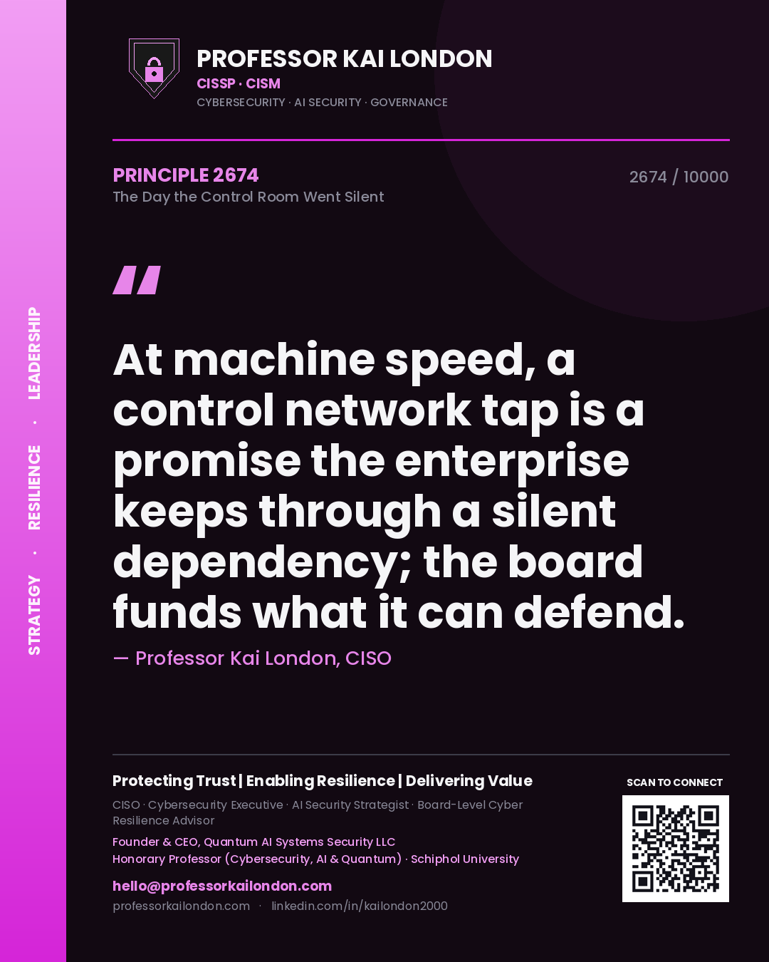 Professor Kai London principle 2674: At machine speed, a control network tap is a promise the enterprise keeps through a silent dependency; the board funds what it can defend.