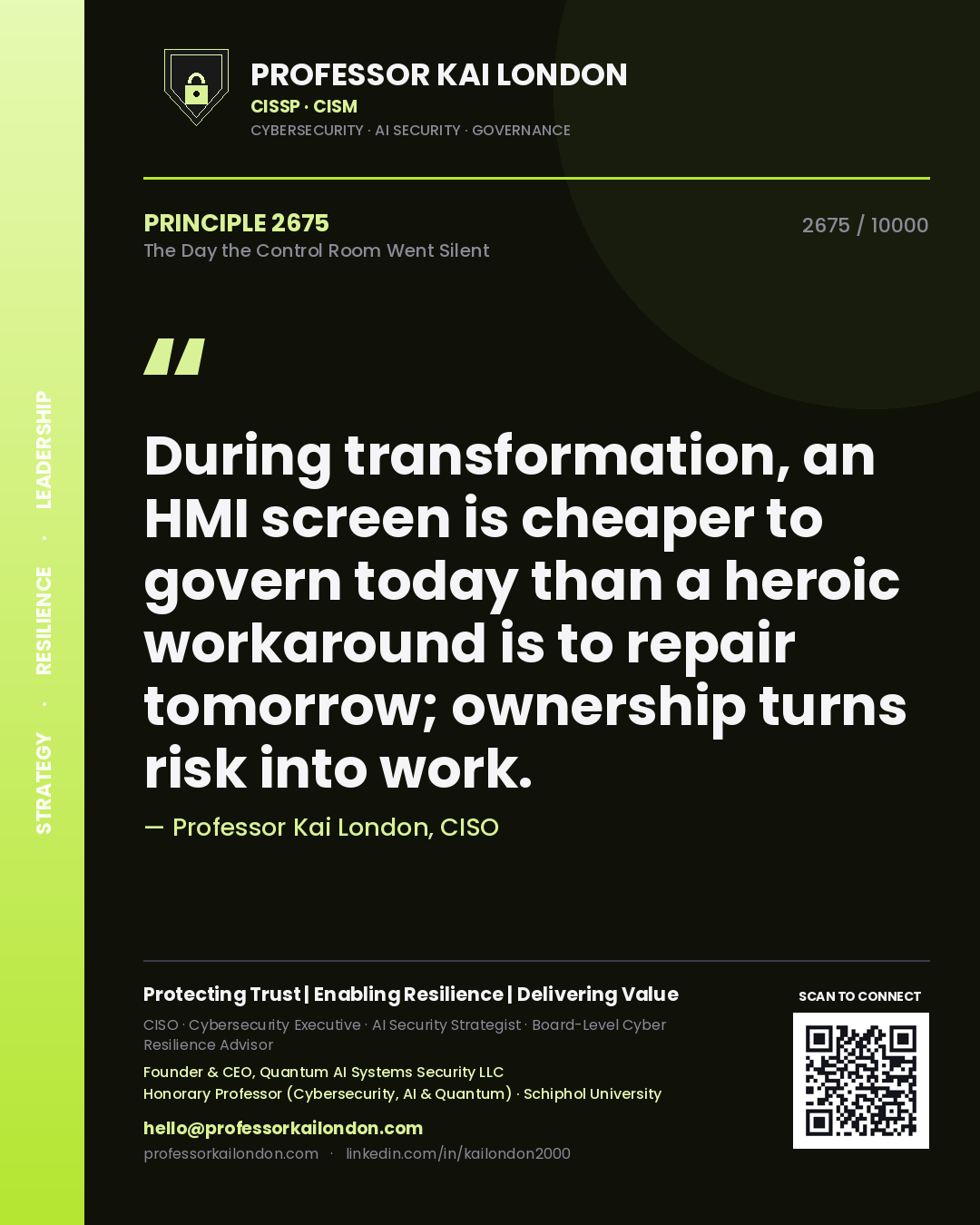 Professor Kai London principle 2675: During transformation, an HMI screen is cheaper to govern today than a heroic workaround is to repair tomorrow; ownership turns risk into work.