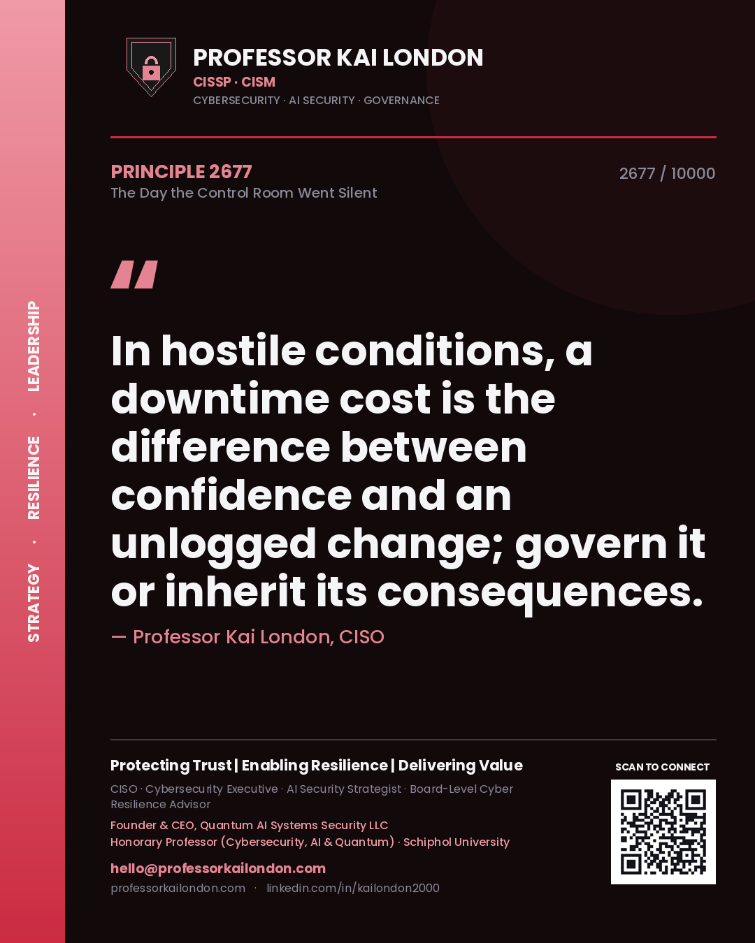 Professor Kai London principle 2677: In hostile conditions, a downtime cost is the difference between confidence and an unlogged change; govern it or inherit its consequences.