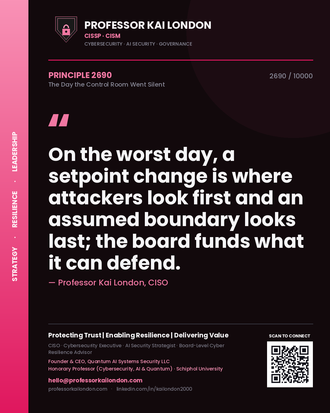 Quote card by Professor Kai London reading 'On the worst day, a setpoint change is where attackers look first and an assumed boundary looks last; the board funds what it can defend.'. From the book The Day the Control Room Went Silent.
